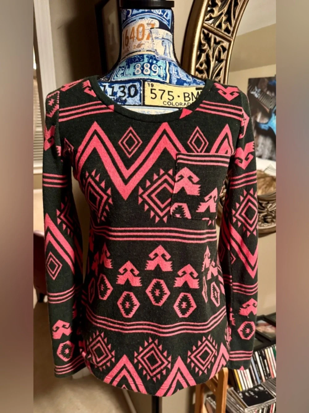 Peach Love Cream Black and Pink Aztec Print Sweater - Picture 1 of 2